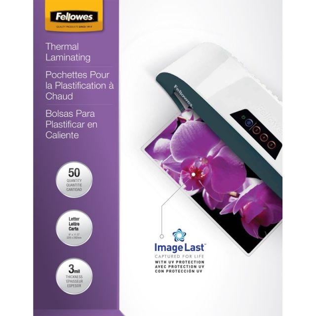 Fellowes ImageLast Thermal Laminating Pouches, UV Protection, 9in x 11 1/2in, 3 Mil, Glossy, Pack Of 50 (Min Order Qty 3) MPN:52225