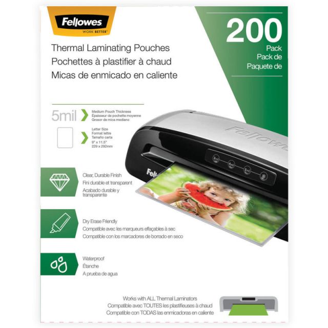 Fellowes Laminating Pouches, Letter, 5 mil, 11 1/2in x 9in, Clear, Pack Of 200 (Min Order Qty 2) MPN:5743601