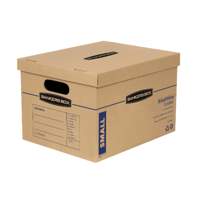 Bankers Box SmoothMove Classic Moving & Storage Boxes, Small, 10in x 12in x 15in, 50% Recycled, Kraft/Blue, Pack Of 15 (Min Order Qty 2) MPN:7714209