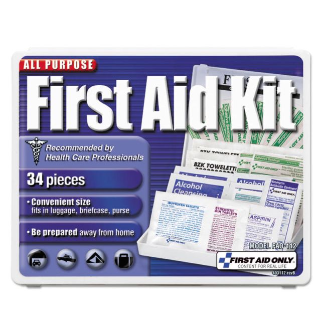 First Aid Only All-Purpose First Aid Kit, 1/2inH x 3-3/4inW x 4-3/4inD, Blue/White (Min Order Qty 8) MPN:FAO-112