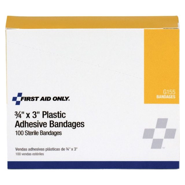 First Aid Only Plastic Adhesive Bandages, 3/4in x 3in, Tan, Pack Of 100 (Min Order Qty 9) MPN:G155