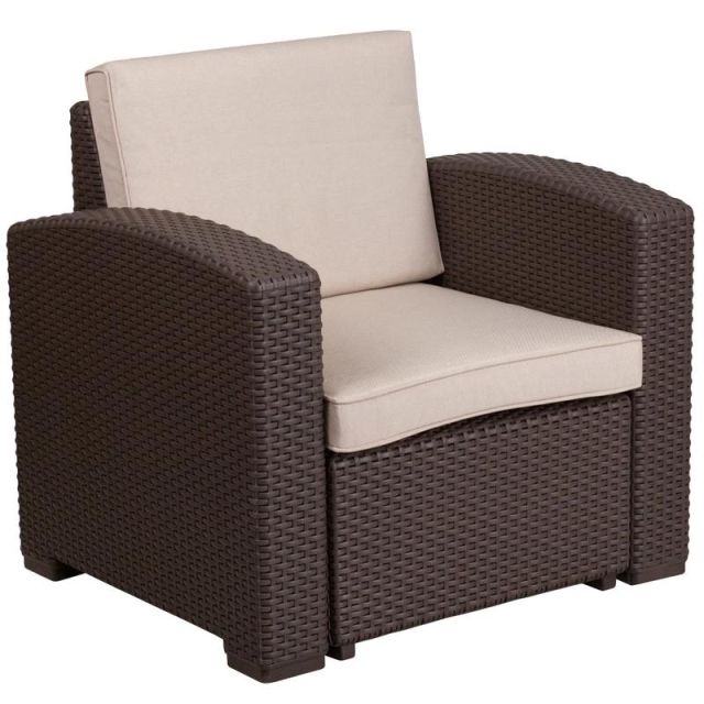 Flash Furniture Faux Rattan Outdoor Chair With Curved Arms And All-Weather Cushion, Chocolate Brown MPN:DADSF11