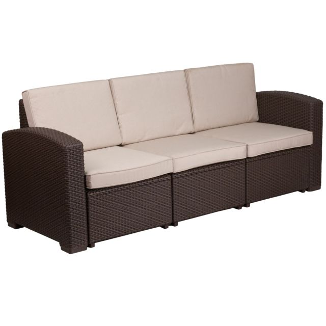 Flash Furniture Faux Rattan Outdoor Sofa With Curved Arms And All-Weather Cushions, Chocolate Brown MPN:DADSF13