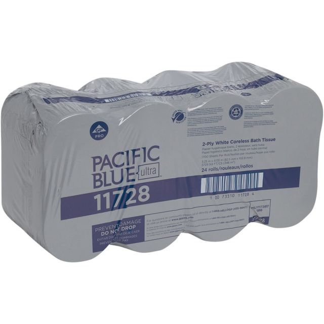 Pacific Blue Ultra Door Tissue Dispenser Refill - 2 Ply - 3.25in x 4.05in - White - Coreless Roll, Bio-based - For Office Building, Public Facilities, School - 24 / Carton MPN:11728