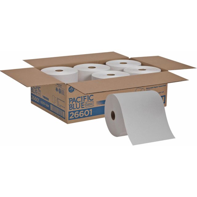 Pacific Blue Basic Recycled Paper Towel Roll - 1 Ply - 7.88in x 800 ft - White - Absorbent, Chlorine-free, Nonperforated - For Multipurpose - 6 / Carton MPN:26601CT
