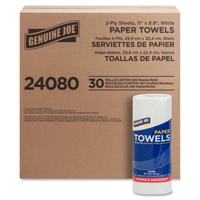 Genuine Joe 2-Ply Household Paper Towels, 100% Recycled, 80 Sheets Per Roll, Pack Of 30 Rolls (Min Order Qty 2) MPN:24080
