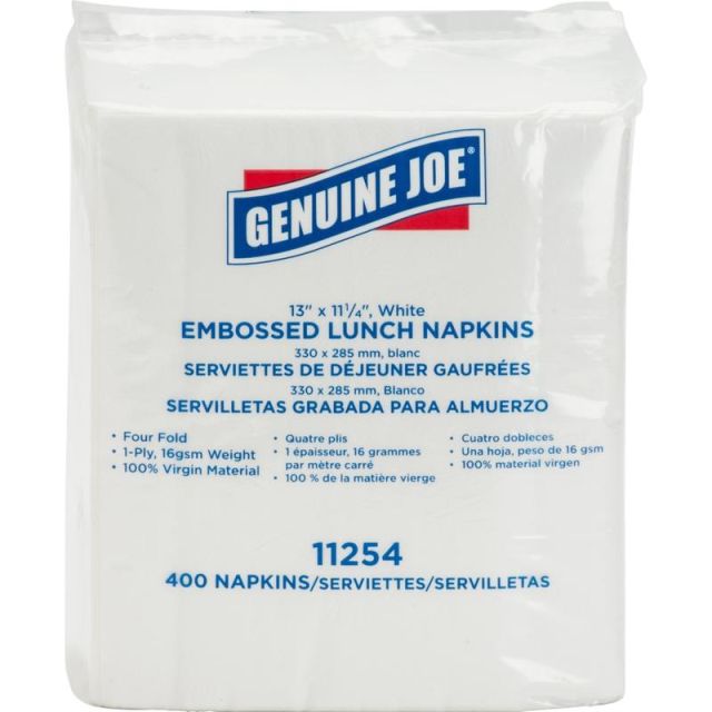 Genuine Joe Lunch Napkins - 1 Ply - Quarter-fold - 13in x 11.25in - White - Soft, Embossed, Versatile - For Lunch - 400 / Pack (Min Order Qty 8) MPN:11254