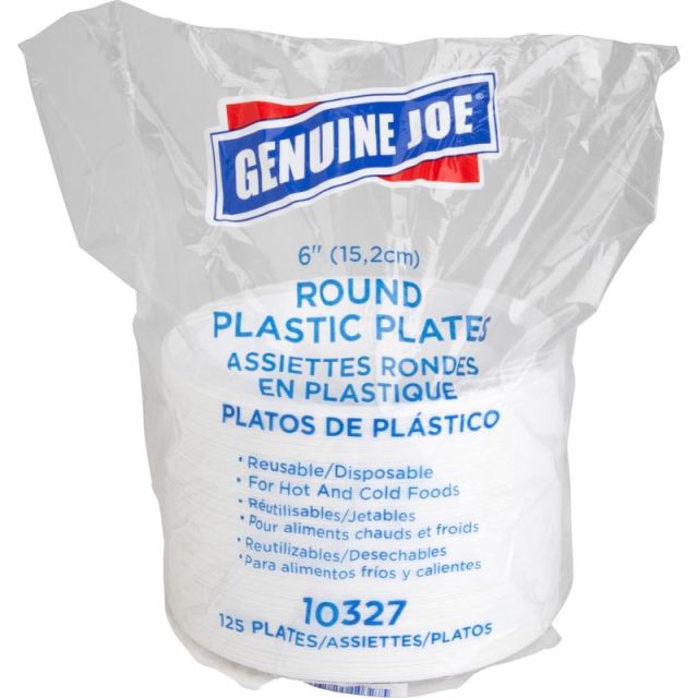 Genuine Joe Reusable/Disposable 6in Plastic Plates, White, Pack Of 125 (Min Order Qty 4) MPN:10327