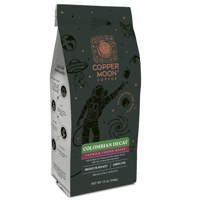Copper Moon World Coffees Ground Coffee, Decaffeinated, Colombian, 12 Oz Per Bag, Carton Of 6 Bags MPN:202101