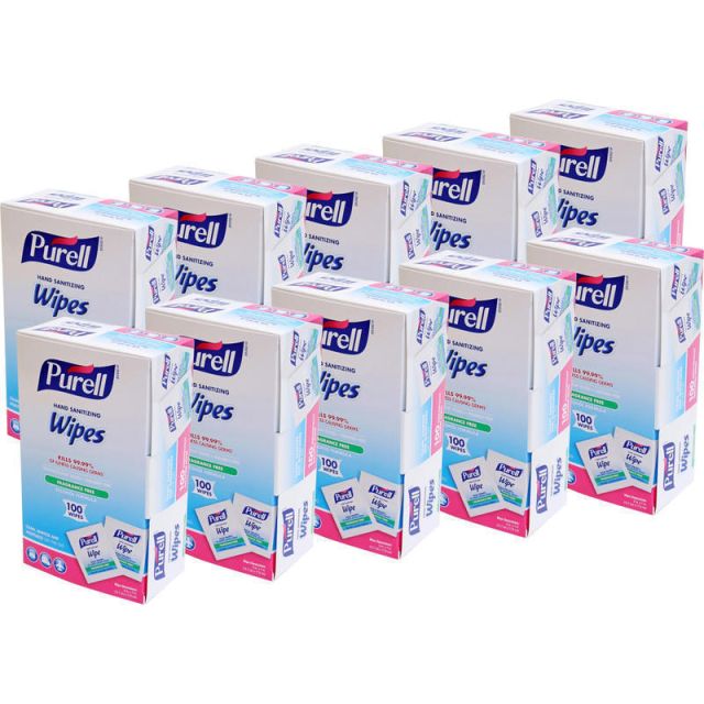 PURELL On-the-go Sanitizing Hand Wipes - Ethyl Alcohol - Safe, Alcohol Based - For Hand - 100 Quantity Per Box - 1000 / Carton MPN:902210CT