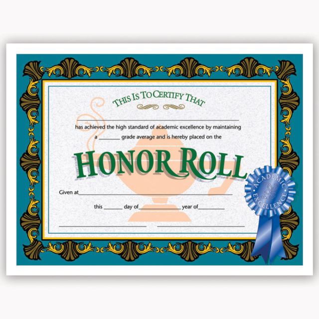 Hayes Publishing Certificates, Honor Roll, 8 1/2in x 11in, Multicolor, Pre-K To Grade 12, Pack Of 30 (Min Order Qty 7) MPN:H-VA512