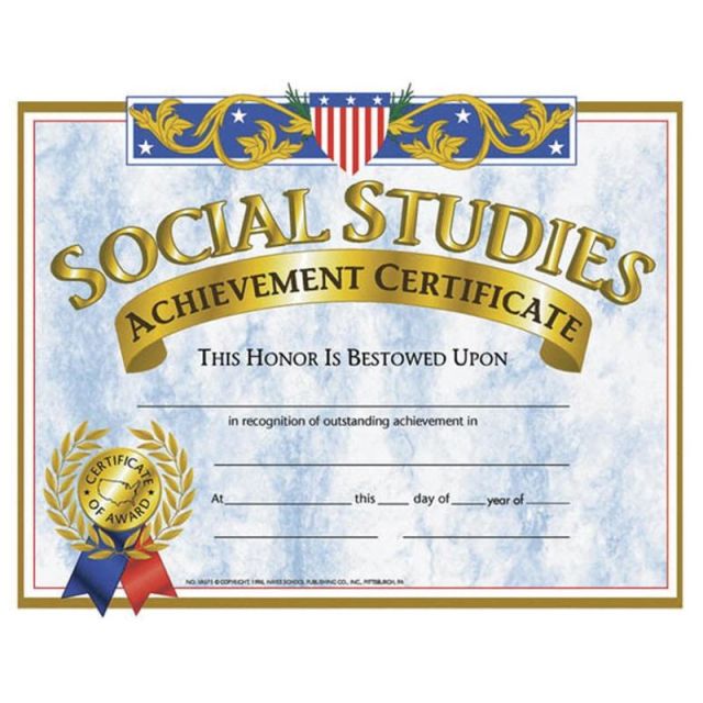 Hayes Social Studies Achievement Certificates, 8 1/2in x 11in, Blue/Gold, 30 Certificates Per Pack, Bundle Of 6 Packs (Min Order Qty 2) MPN:H-VA575BN