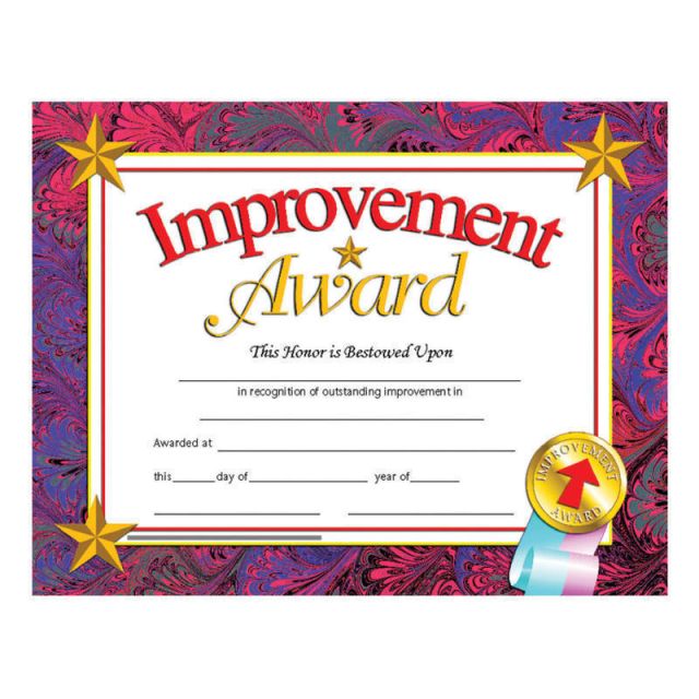 Hayes Publishing Certificates, Improvement Award, 8 1/2in x 11in, Multicolor, Pre-K To Grade 12, Pack Of 30 (Min Order Qty 7) MPN:H-VA688