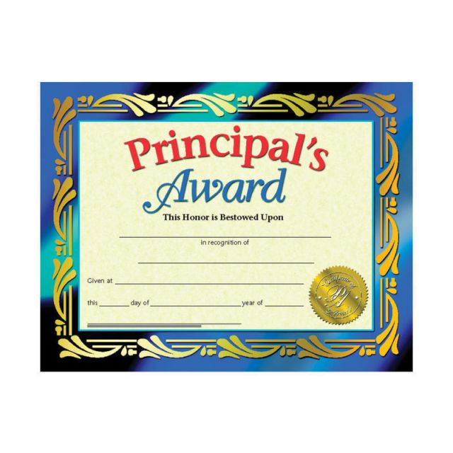 Hayes Publishing Certificates, Principals Award, 8 1/2in x 11in, Multicolor, Pre-K To Grade 12, Pack Of 30 (Min Order Qty 7) MPN:H-VA689