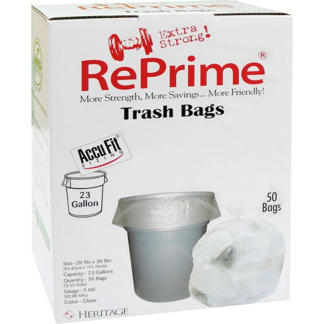 Heritage Accufit RePrime Trash Bags - 23 gal Capacity - 28in Width x 45in Length - 0.90 mil (23 Micron) Thickness - Low Density - Clear - Linear Low-Density Polyethylene (LLDPE) - 6/Carton - 50 Per Box - Waste Disposal, Garbage MPN:H5645TCRC1CT