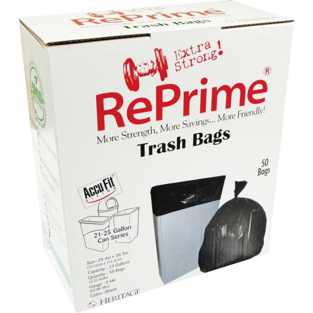 Heritage Accufit RePrime Trash Bags - 23 gal Capacity - 28in Width x 45in Length - 0.90 mil (23 Micron) Thickness - Low Density - Black - Linear Low-Density Polyethylene (LLDPE) - 6/Carton - 50 Per Box - Waste Disposal, Garbage MPN:H5645TKRC1CT