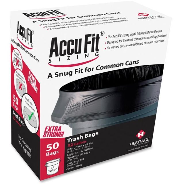 Heritage Accufit Reprime 32 Gallon Can Liners - 32 gal Capacity - 33in Width x 44in Length - 0.90 mil (23 Micron) Thickness - Low Density - Black - Linear Low-Density Polyethylene (LLDPE) - 6/Carton - 50 Per Box - Garbage MPN:H6644TKRC1CT