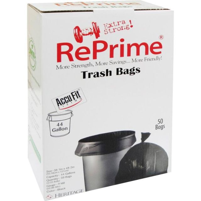Heritage RePrime AccuFit 44-gal Can Liners - 44 gal Capacity - 37in Width x 50in Length - 0.90 mil (23 Micron) Thickness - Low Density - Black - Linear Low-Density Polyethylene (LLDPE) - 4/Carton - 50 Per Box - Garbage MPN:H7450TKRC1CT