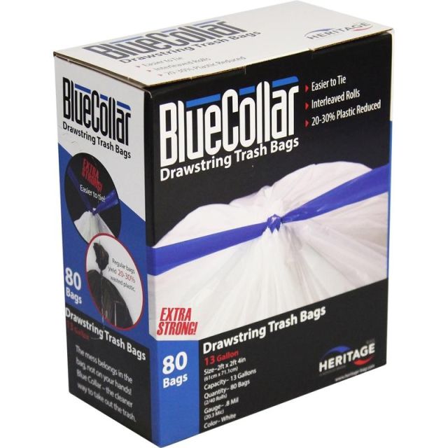 BlueCollar 13-gallon Drawstring Trash Bags - 13 gal Capacity - 24in Width x 28in Length - 0.80 mil (20 Micron) Thickness - Drawstring Closure - White - 6/Carton - 80 Per Box - Garbage MPN:N4828EWRC1CT
