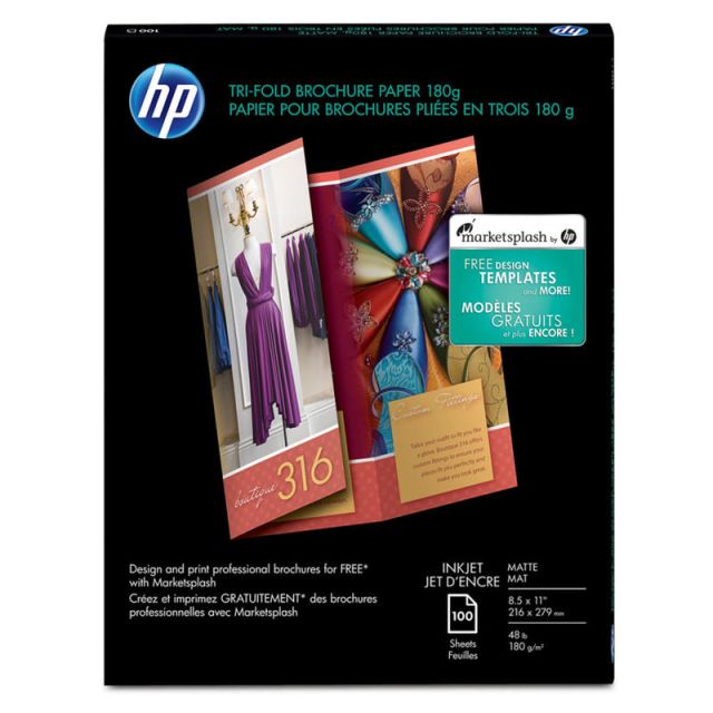 HP Inkjet Tri-Fold Brochure Paper, Matte, Letter Size (8 1/2in x 11in), 48 Lb, Pack Of 100 Sheets (Min Order Qty 3) MPN:Q5443A