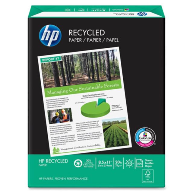 HP Recycled Multi-Use Printer & Copier Paper, Letter Size (8 1/2in x 11in), 5000 Sheets Total, 92 (U.S.) Brightness, 20 Lb, White, 30% Recycled, 500 Sheets Per Ream, Case Of 10 Reams MPN:112100