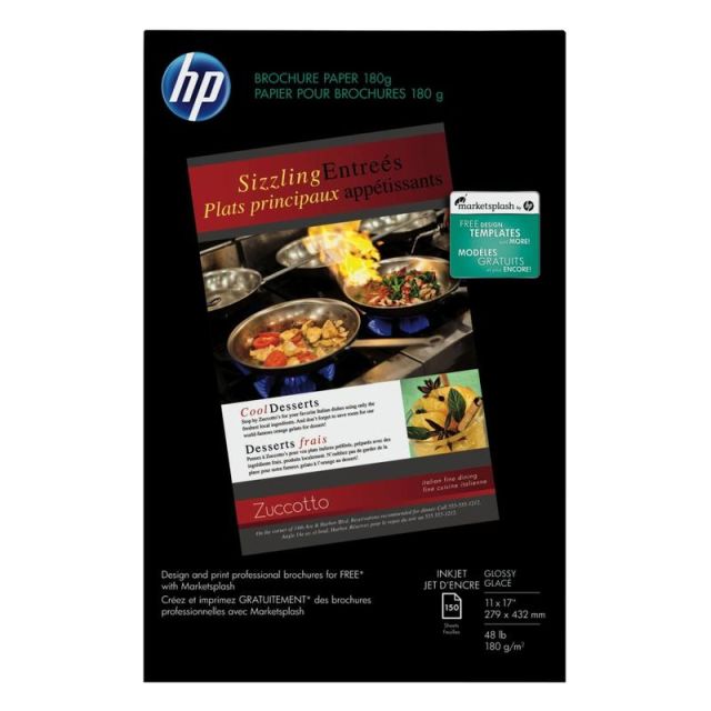 HP Glossy Brochure Inkjet Paper, Ledger Size (11in x 17in), Pack Of 150 Sheets, 98 (U.S.) Brightness, 48 Lb, White MPN:CG932A