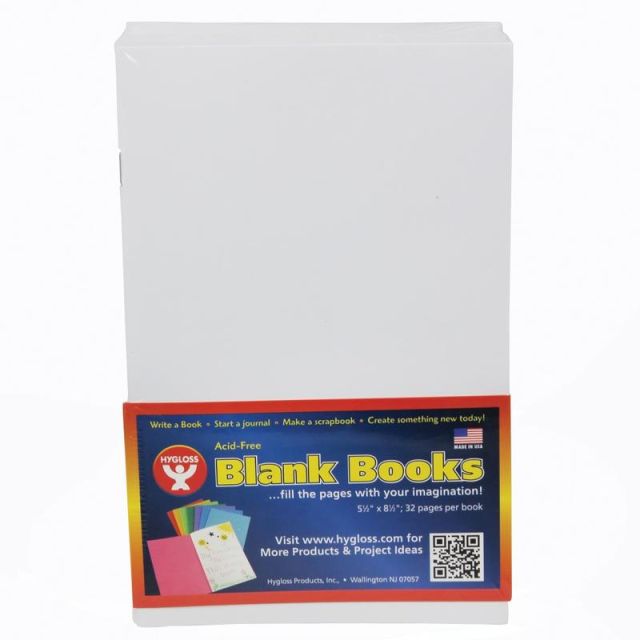 Hygloss Mighty Brights Paperback Blank Books, 5in x 8in, 32 Pages (16 Sheets), White, Pack Of 20 (Min Order Qty 2) MPN:HYG77721