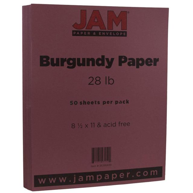 JAM Paper Color Multi-Use Printer & Copier Paper, Letter Size (8 1/2in x 11in), Pack Of 50 Sheets, 28 Lb, Burgundy (Min Order Qty 2) MPN:36395839