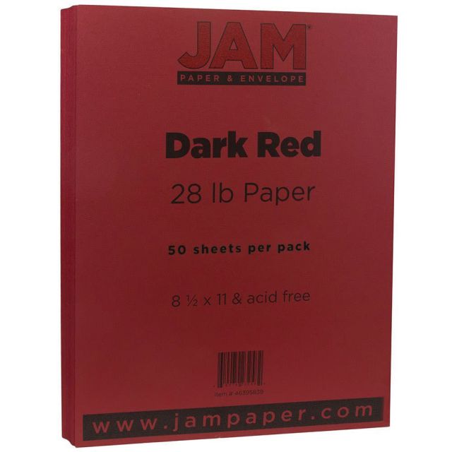 JAM Paper Color Multi-Use Printer & Copier Paper, Letter Size (8 1/2in x 11in), Pack Of 50 Sheets, 28 Lb, Dark Red (Min Order Qty 2) MPN:46395839