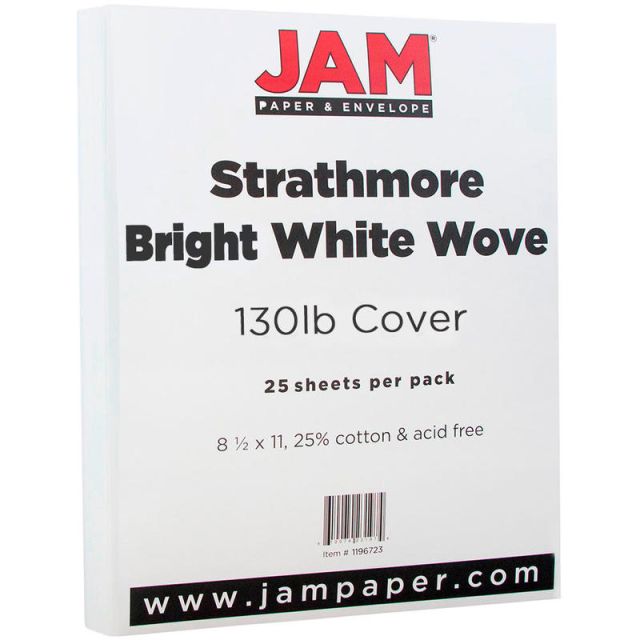 JAM Paper Cover Card Stock, 8 1/2in x 11in, 130 Lb, Strathmore Bright White Wove, Pack Of 25 Sheets (Min Order Qty 2) MPN:1196723
