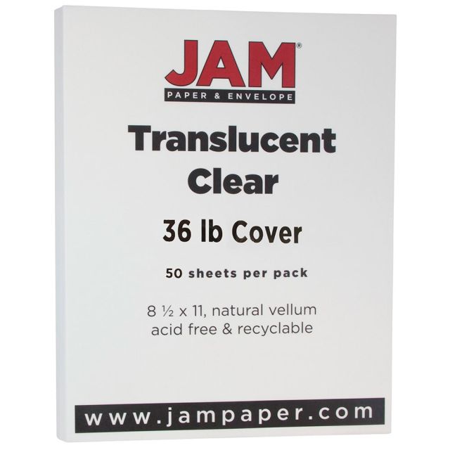 JAM Paper Cover Card Stock, 8 1/2in x 11in, 36 Lb, Translucent Clear, Pack Of 50 Sheets (Min Order Qty 2) MPN:1566