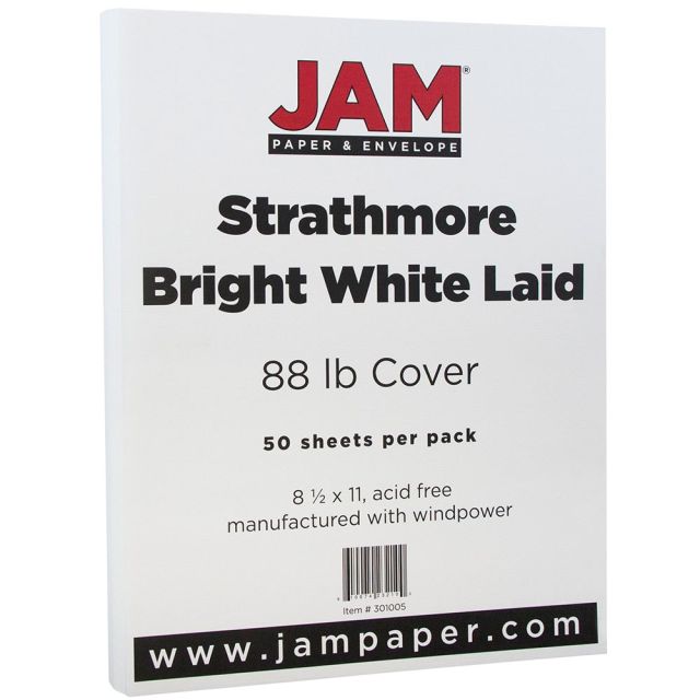 JAM Paper Cover Card Stock, 8 1/2in x 11in, 88 Lb, Strathmore Bright White Linen, Pack Of 50 Sheets (Min Order Qty 4) MPN:301005