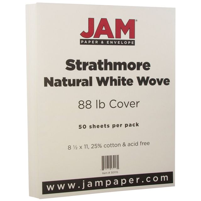 JAM Paper Cover Card Stock, 8 1/2in x 11in, 88 Lb, Strathmore Natural White Wove, Pack Of 50 Sheets (Min Order Qty 2) MPN:301115