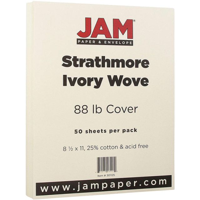 JAM Paper Cover Card Stock, 8 1/2in x 11in, 88 Lb, Strathmore Ivory Wove, Pack Of 50 Sheets (Min Order Qty 2) MPN:301125