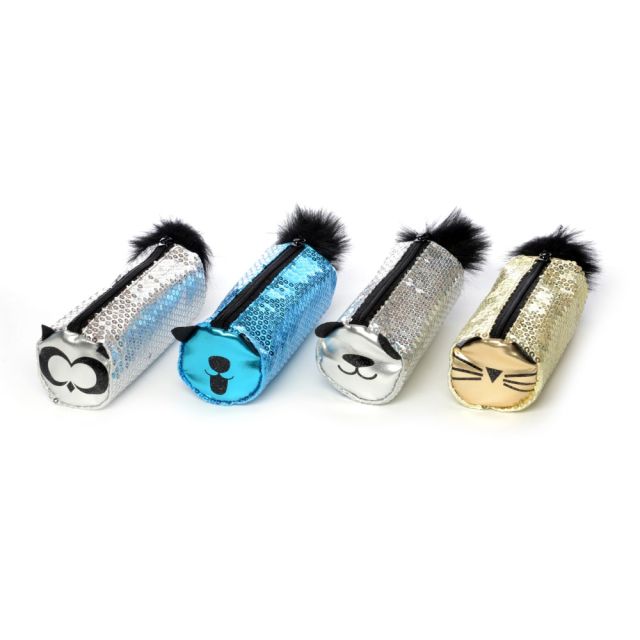 Inkology Sequin Pet Pencil Pouches, 3inH x 3inW x 8inD, Assorted Colors, Pack Of 8 Pouches MPN:432-5