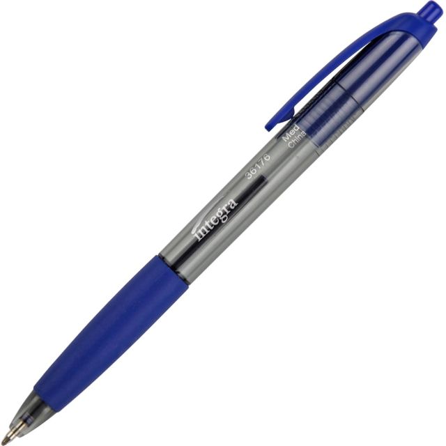 Integra Rubber Grip Retractable Pens - Medium Pen Point - 1 mm Pen Point Size - Blue - Blue Barrel - 12 / Dozen (Min Order Qty 9) MPN:36176