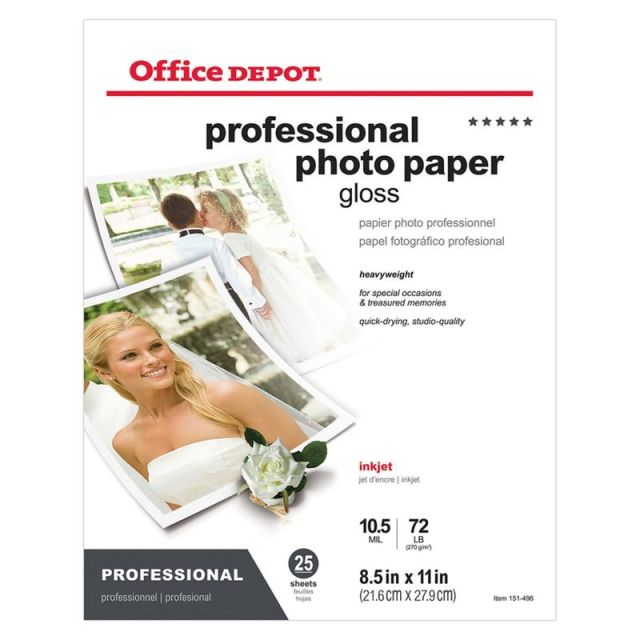 Office Depot Brand Premium Plus Photo Paper, Gloss, Letter Size (8 1/2in x 11in), 10.5 Mil, Pack Of 25 Sheets (Min Order Qty 3) MPN:123421