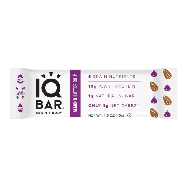 IQ BAR Brain Fuel Protein Bars, Almond Butter Chip, 1.6 Oz, Box Of 24 Bars MPN:55406
