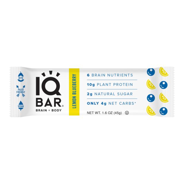 IQ BAR Brain Fuel Protein Bars, Lemon Blueberry, 1.6 Oz, Box Of 24 Bars MPN:55408