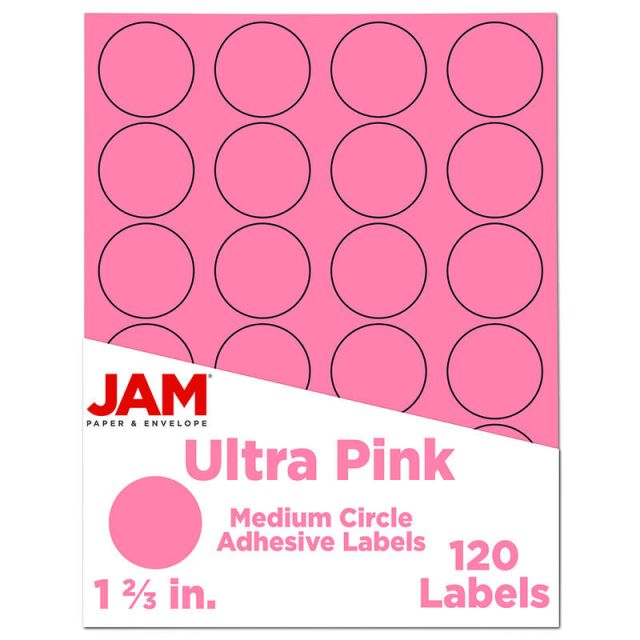JAM Paper Circle Label Sticker Seals, 1 2/3in, Pink, Pack Of 120 (Min Order Qty 3) MPN:147627062