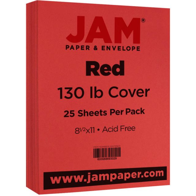 JAM Paper Cover Card Stock, Letter Size (8-1/2in x 11in), 130 Lb, Red, Pack Of 25 Sheets (Min Order Qty 2) MPN:295731621
