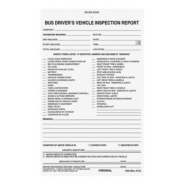 Bus Driver Vehicle Inspection Report MPN:1928