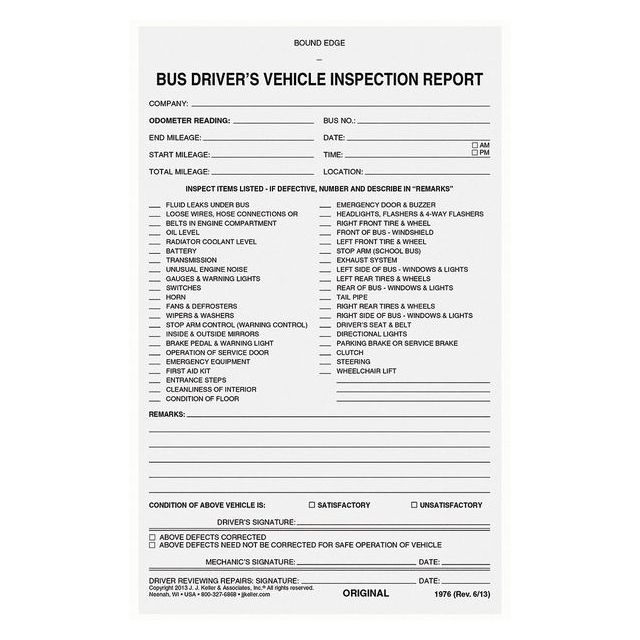 Bus Driver Vehicle Inspection Report MPN:1976