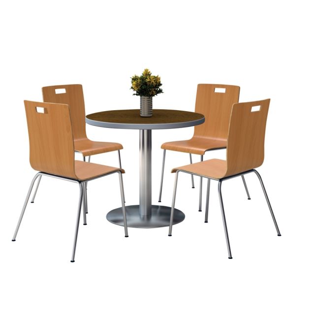 KFI Studios Jive Round Pedestal Table With 4 Stacking Chairs, 29inH x 36inW x 36inD, Natural/Walnut MPN:810389025071