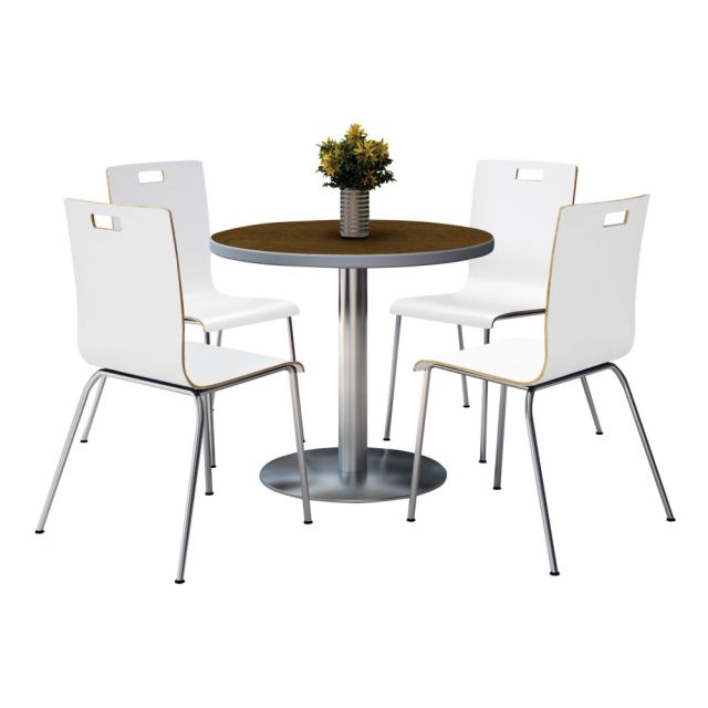 KFI Studios Jive Round Pedestal Table With 4 Stacking Chairs, 29inH x 36inW x 36inD, White/Walnut MPN:810389025088
