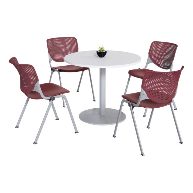 KFI Studios KOOL Round Pedestal Table With 4 Stacking Chairs, White/Burgundy MPN:811774036672