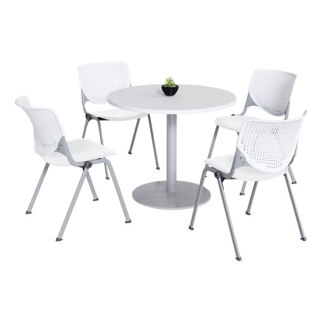 KFI Studios KOOL Round Pedestal Table With 4 Stacking Chairs, White MPN:811774036689