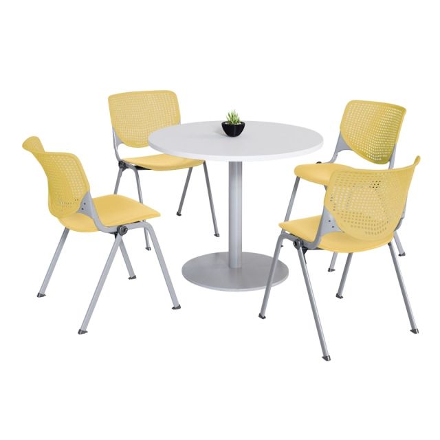 KFI Studios KOOL Round Pedestal Table With 4 Stacking Chairs, White/Yellow MPN:811774036702