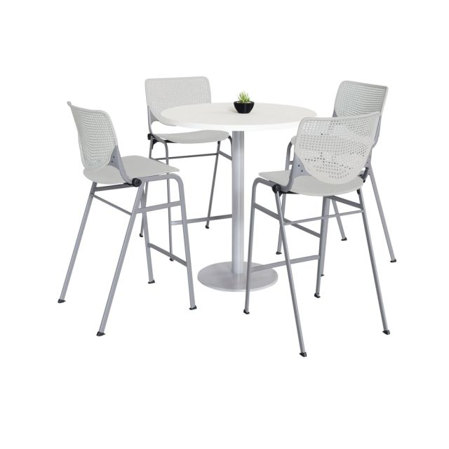 KFI Studios KOOL Round Pedestal Table With 4 Stacking Chairs, 41inH x 36inD, Designer White/Light Gray MPN:811774037105
