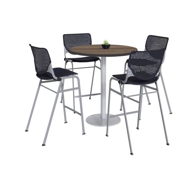 KFI Studios KOOL Round Pedestal Table With 4 Stacking Chairs, 41inH x 36inD, Studio Teak/Black MPN:811774037280